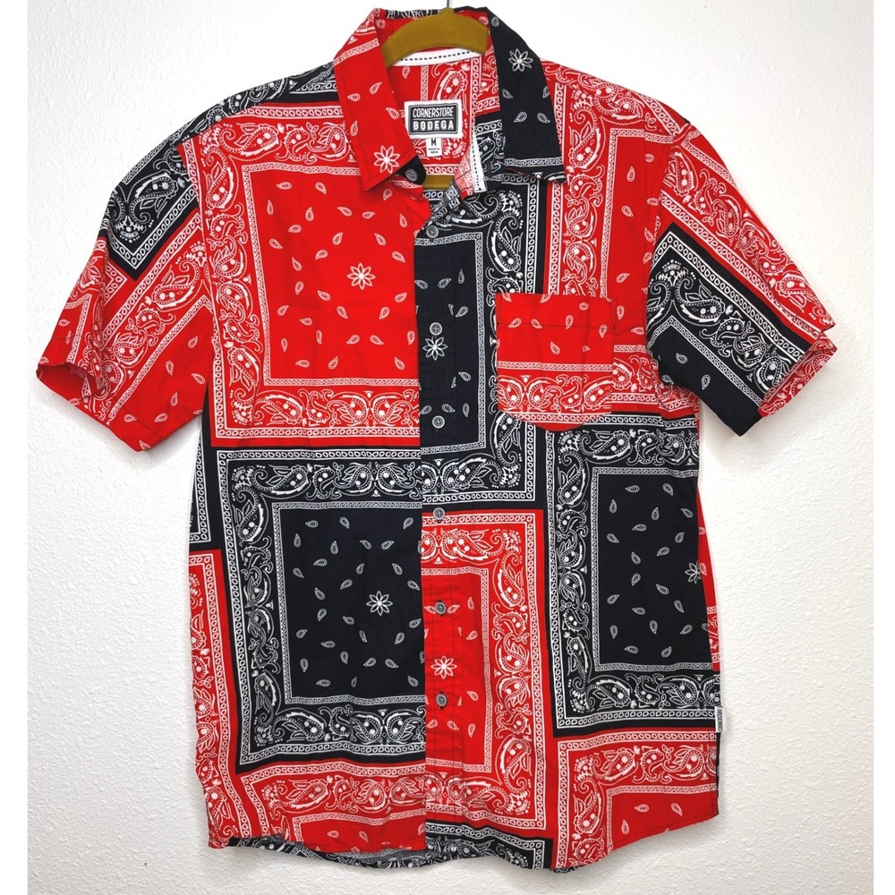 Cornerstore Bodega Mens Shirt Bandana Paisley Button Up Medium Red Black